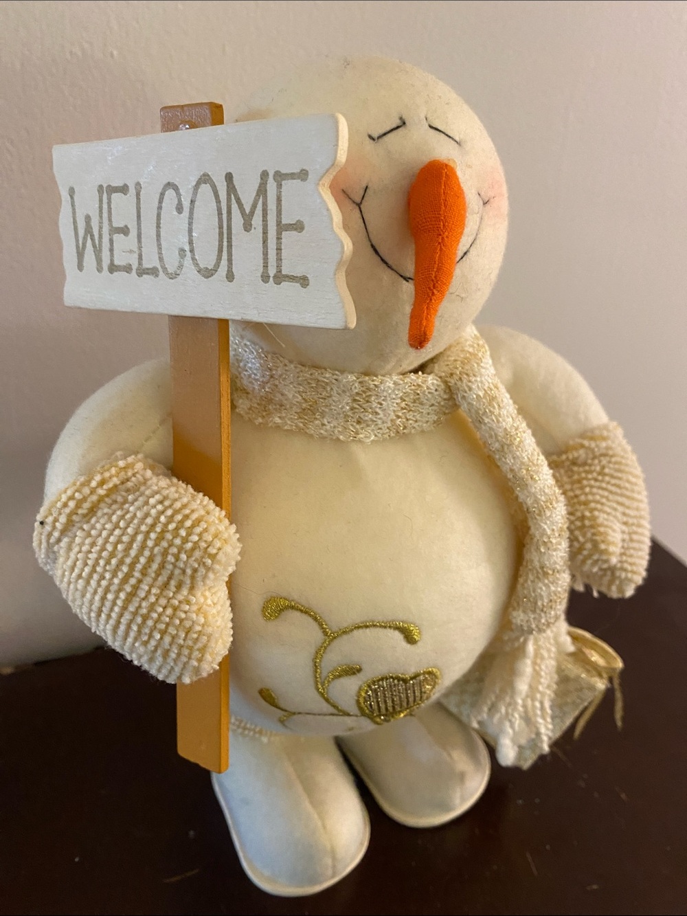 Vintage 90s welcome Snowman Plush Décor Orange Carrot Nose and Gold Scarf